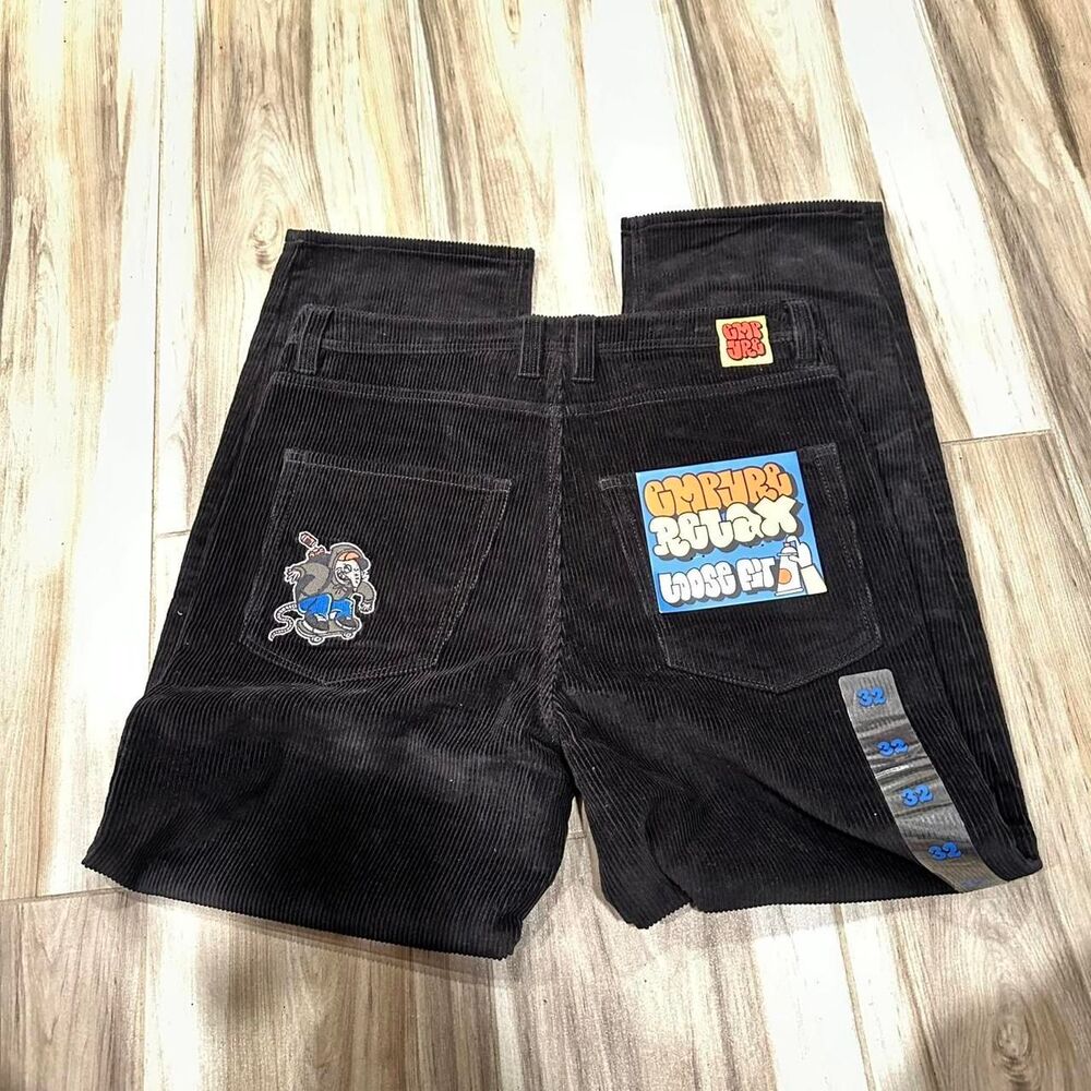 Black corduroy empyre pants with jnco style embroidered logo